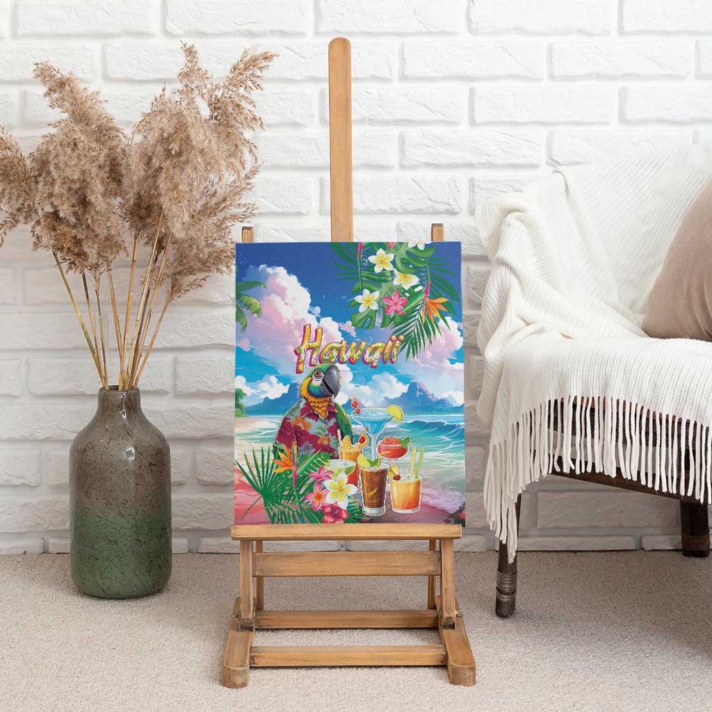 Hawaii Cocktails Canvas Wall Art Parrot with Cute Beach Landscape and Tropical Plants