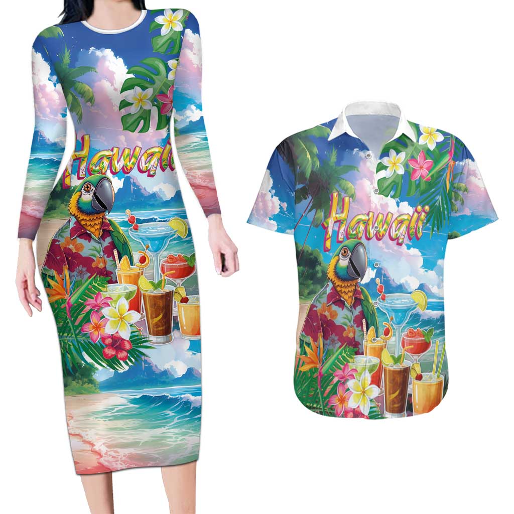 Hawaii Cocktails Couples Matching Long Sleeve Bodycon Dress and Hawaiian Shirt Parrot with Cute Beach Landscape and Tropical Plants