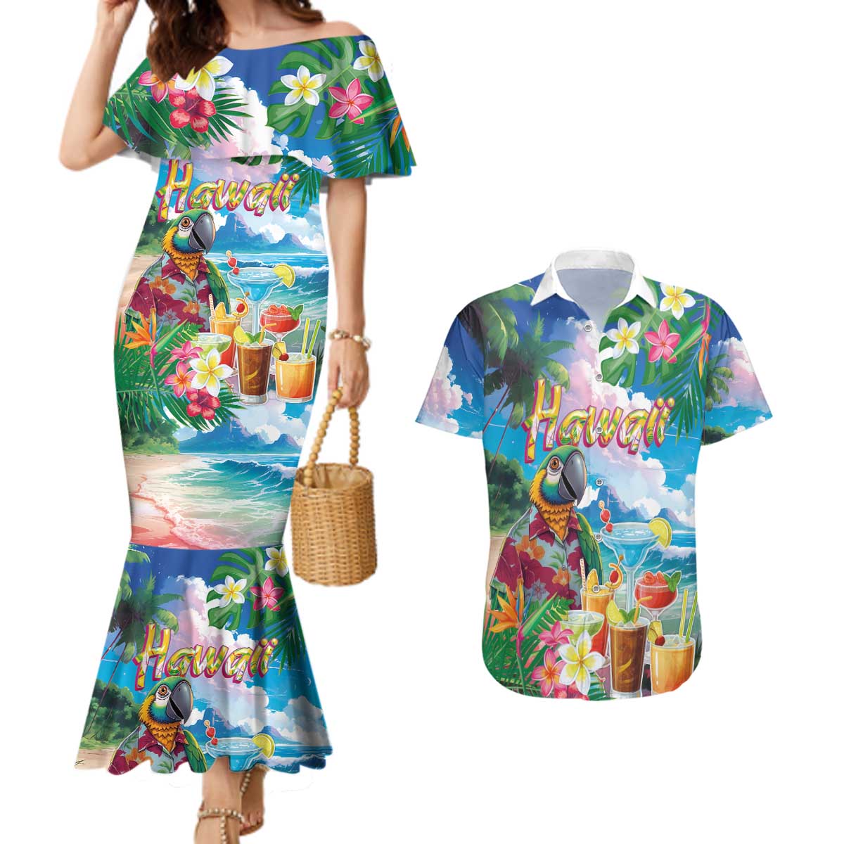 Hawaii Cocktails Couples Matching Mermaid Dress and Hawaiian Shirt Parrot with Cute Beach Landscape and Tropical Plants