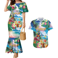 Hawaii Cocktails Couples Matching Mermaid Dress and Hawaiian Shirt Parrot with Cute Beach Landscape and Tropical Plants