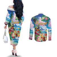 Hawaii Cocktails Couples Matching Off The Shoulder Long Sleeve Dress and Long Sleeve Button Shirt Parrot with Cute Beach Landscape and Tropical Plants