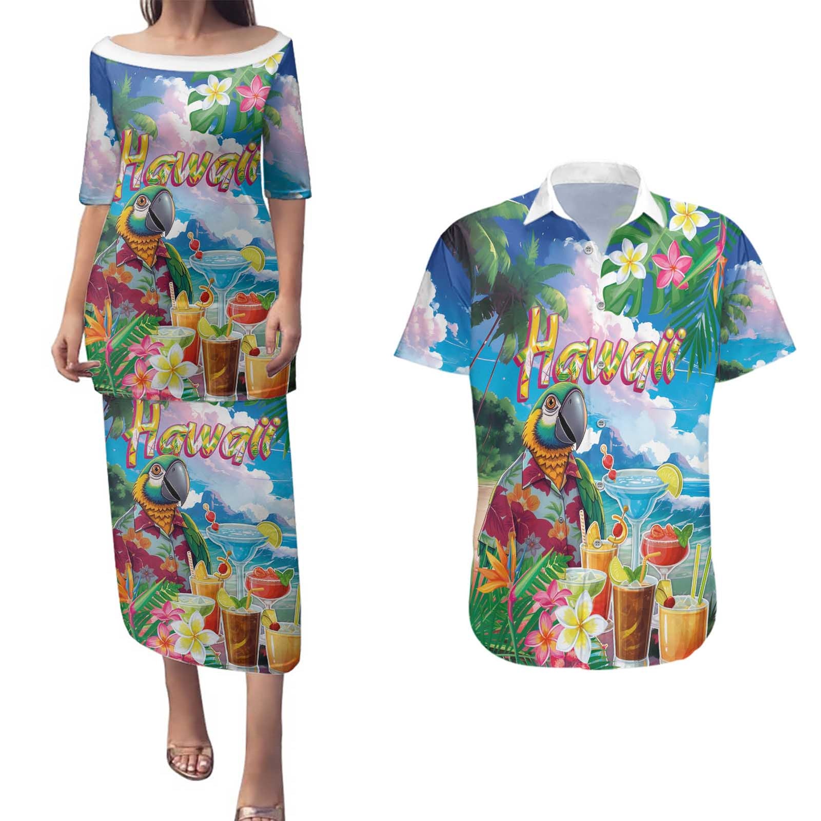 Hawaii Cocktails Couples Matching Puletasi and Hawaiian Shirt Parrot with Cute Beach Landscape and Tropical Plants