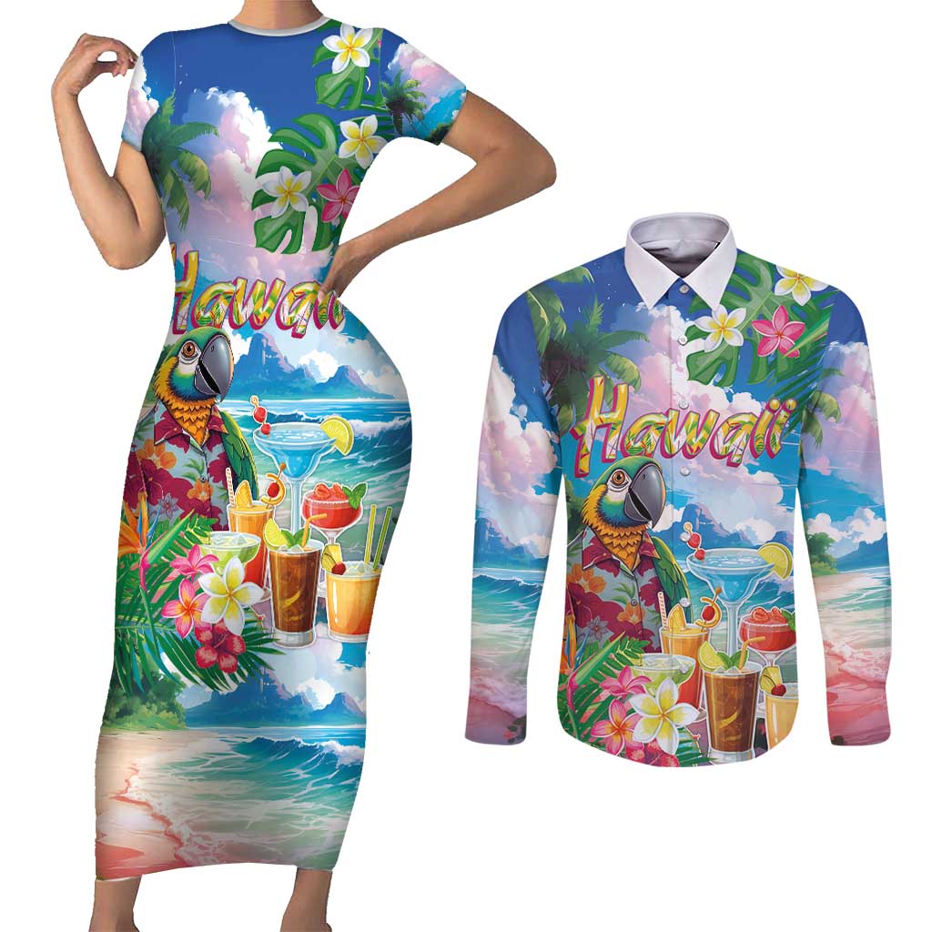 Hawaii Cocktails Couples Matching Short Sleeve Bodycon Dress and Long Sleeve Button Shirt Parrot with Cute Beach Landscape and Tropical Plants