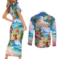 Hawaii Cocktails Couples Matching Short Sleeve Bodycon Dress and Long Sleeve Button Shirt Parrot with Cute Beach Landscape and Tropical Plants