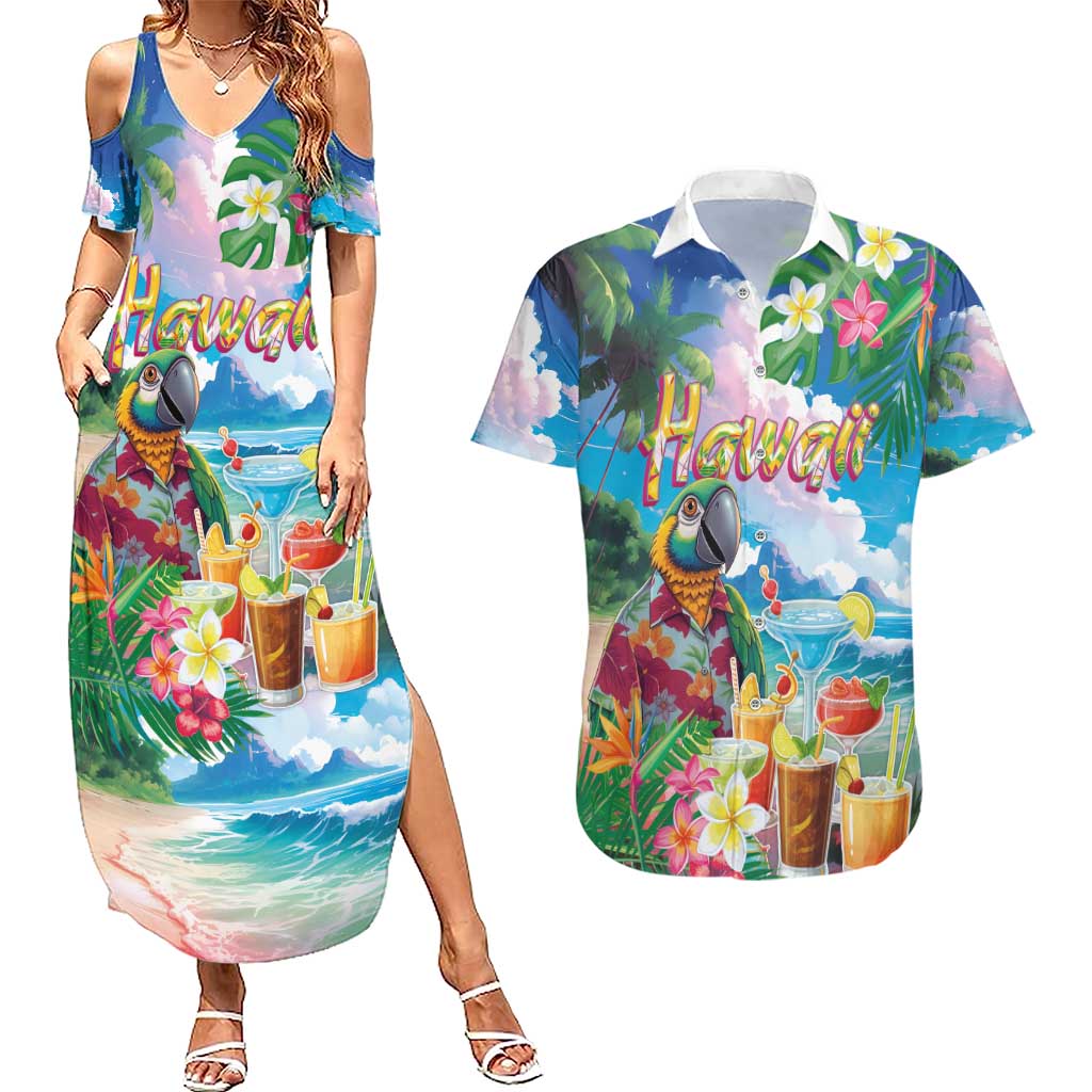 Hawaii Cocktails Couples Matching Summer Maxi Dress and Hawaiian Shirt Parrot with Cute Beach Landscape and Tropical Plants