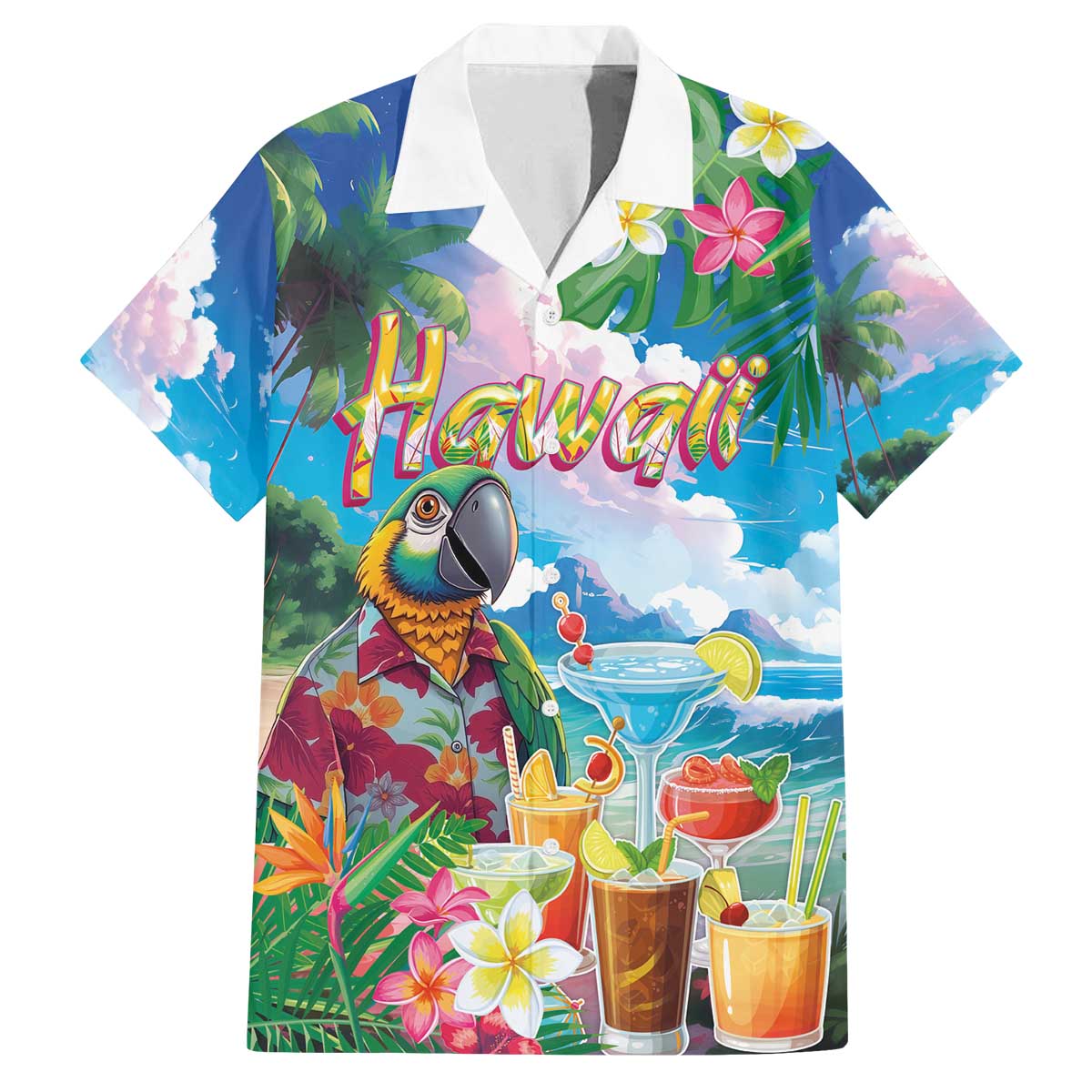 Hawaii Cocktails Family Matching Off The Shoulder Long Sleeve Dress and Hawaiian Shirt Parrot with Cute Beach Landscape and Tropical Plants