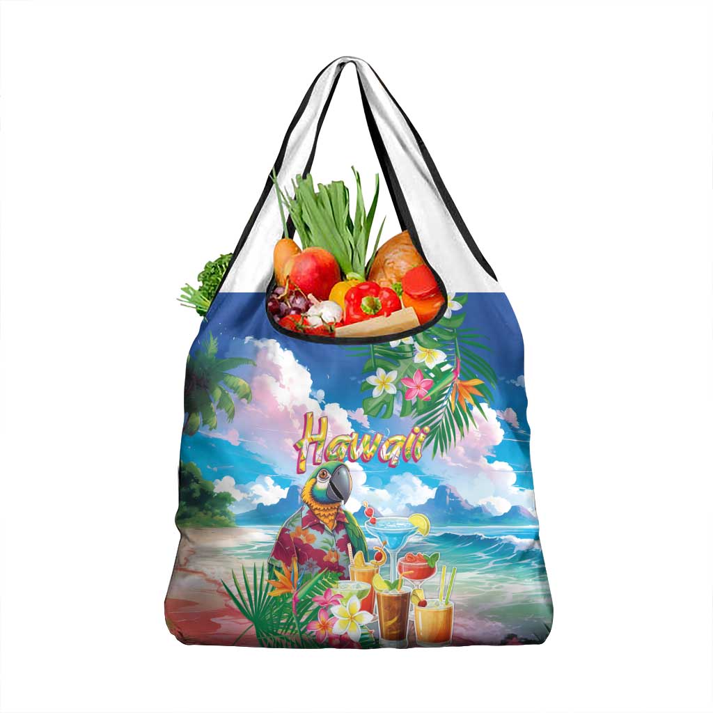 Hawaii Cocktails Grocery Bag Parrot with Cute Beach Landscape and Tropical Plants