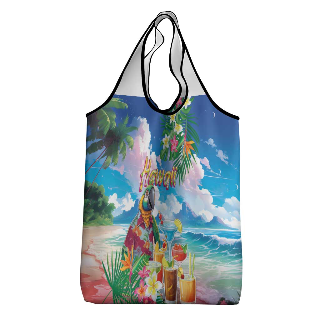 Hawaii Cocktails Grocery Bag Parrot with Cute Beach Landscape and Tropical Plants