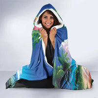 Hawaii Cocktails Hooded Blanket Parrot with Cute Beach Landscape and Tropical Plants