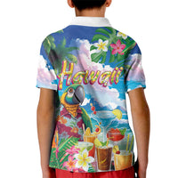 Hawaii Cocktails Kid Polo Shirt Parrot with Cute Beach Landscape and Tropical Plants