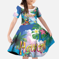 Hawaii Cocktails Kid Short Sleeve Dress Parrot with Cute Beach Landscape and Tropical Plants