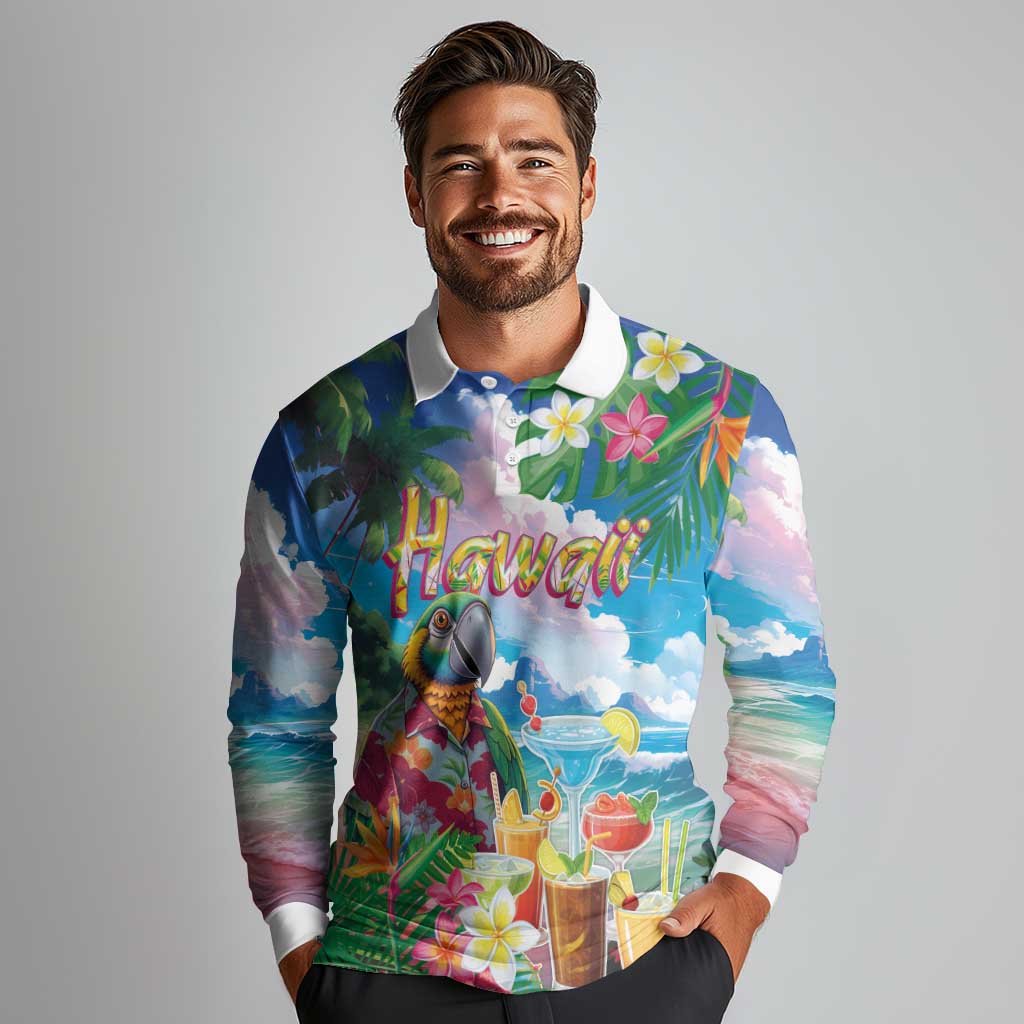 Hawaii Cocktails Long Sleeve Polo Shirt Parrot with Cute Beach Landscape and Tropical Plants
