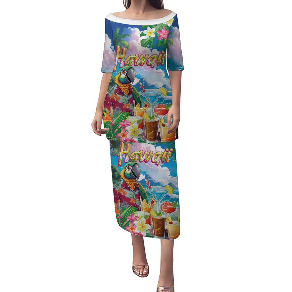 Hawaii Cocktails Puletasi Parrot with Cute Beach Landscape and Tropical Plants