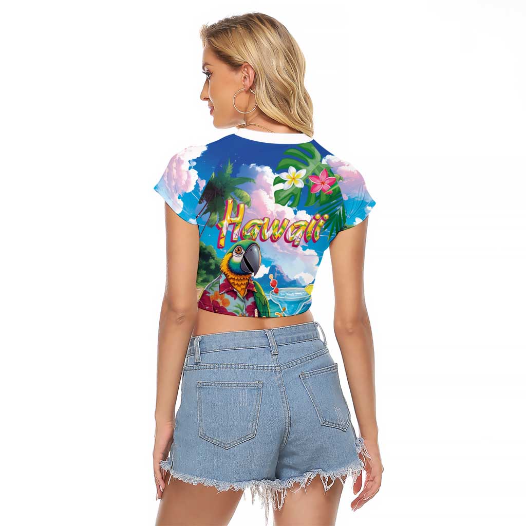 Hawaii Cocktails Raglan Cropped T Shirt Parrot with Cute Beach Landscape and Tropical Plants