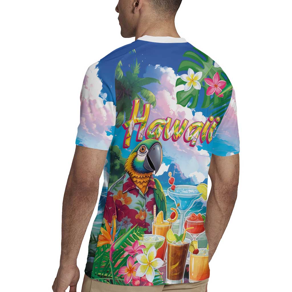 Hawaii Cocktails Rugby Jersey Parrot with Cute Beach Landscape and Tropical Plants