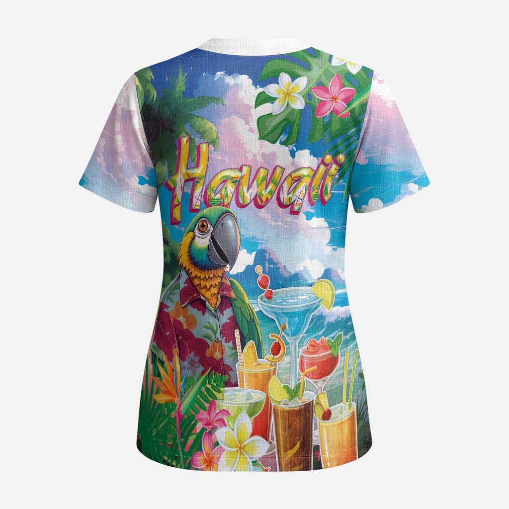 Hawaii Cocktails Scrub Top Parrot with Cute Beach Landscape and Tropical Plants LT03 - Polynesian Pride
