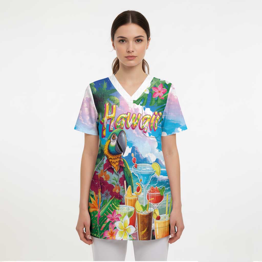 Hawaii Cocktails Scrub Top Parrot with Cute Beach Landscape and Tropical Plants LT03 - Polynesian Pride