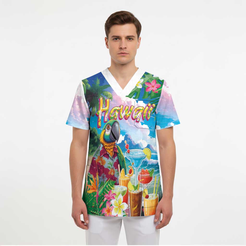 Hawaii Cocktails Scrub Top Parrot with Cute Beach Landscape and Tropical Plants LT03 - Polynesian Pride