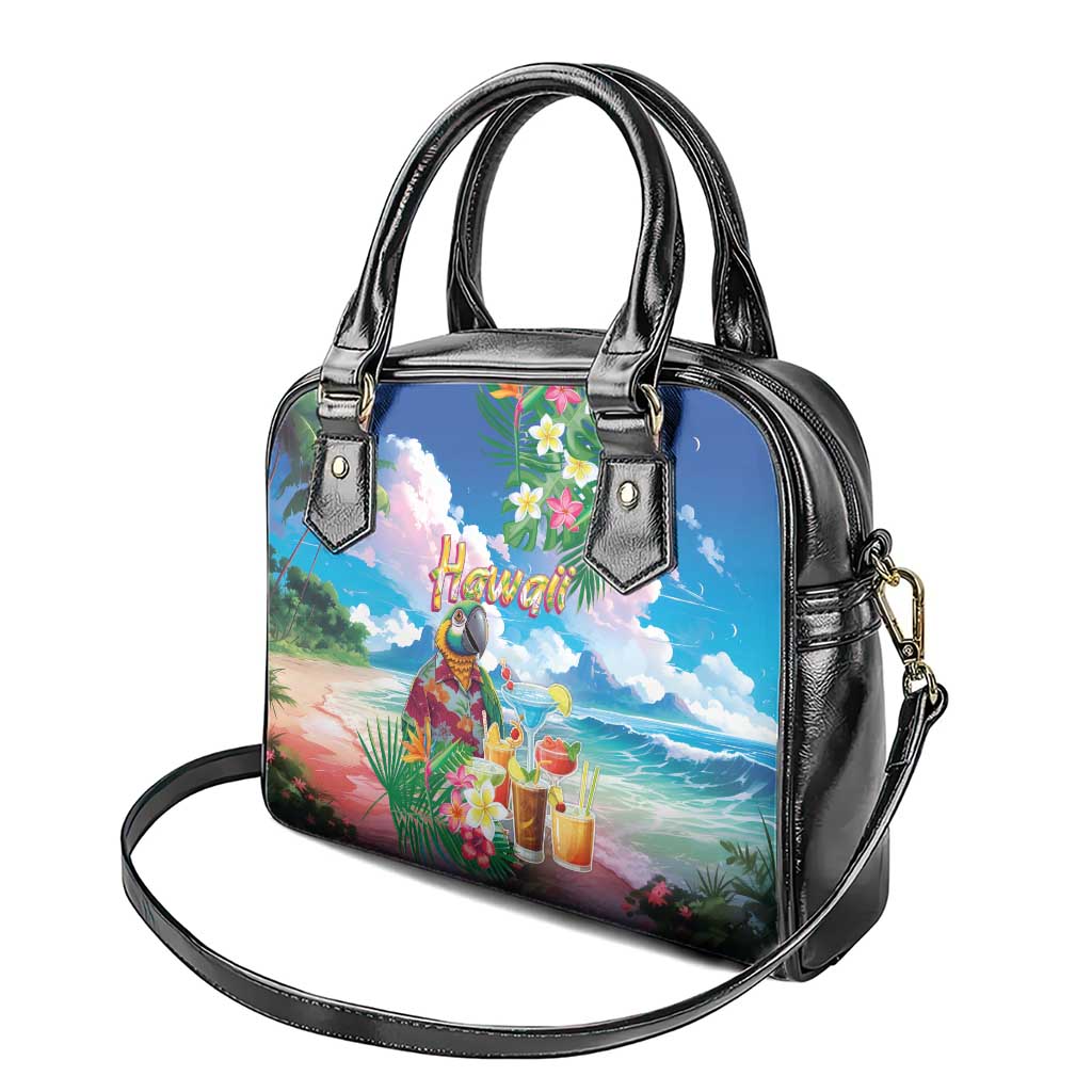 Hawaii Cocktails Shoulder Handbag Parrot with Cute Beach Landscape and Tropical Plants