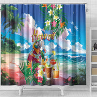 Hawaii Cocktails Shower Curtain Parrot with Cute Beach Landscape and Tropical Plants