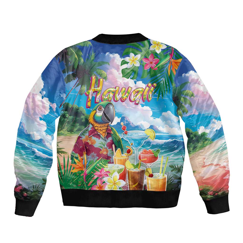 Hawaii Cocktails Sleeve Zip Bomber Jacket Parrot with Cute Beach Landscape and Tropical Plants