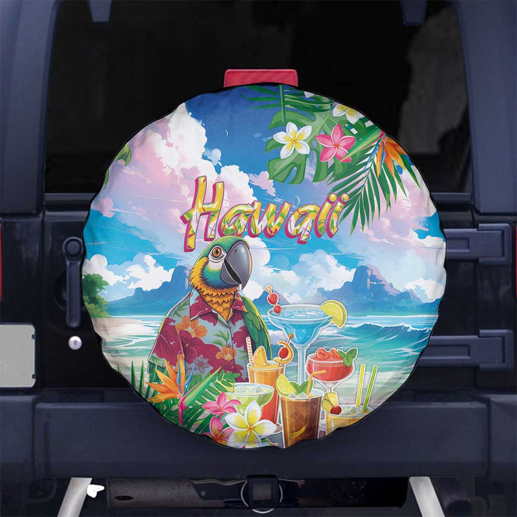 Hawaii Cocktails Spare Tire Cover Parrot with Cute Beach Landscape and Tropical Plants