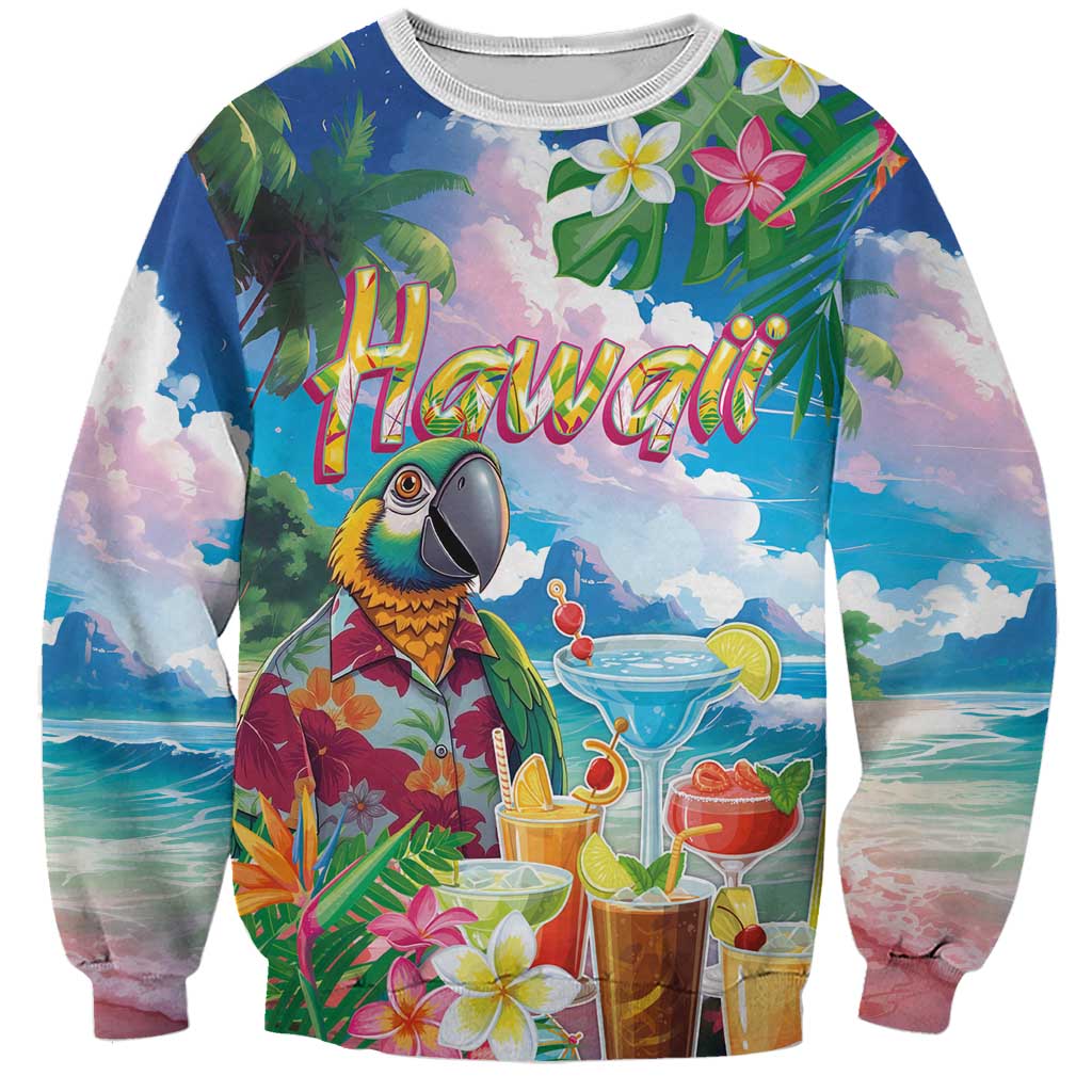 Hawaii Cocktails Sweatshirt Parrot with Cute Beach Landscape and Tropical Plants