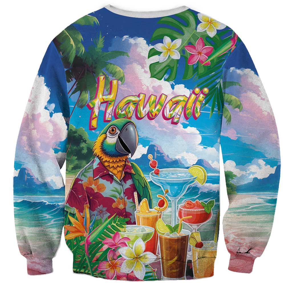 Hawaii Cocktails Sweatshirt Parrot with Cute Beach Landscape and Tropical Plants