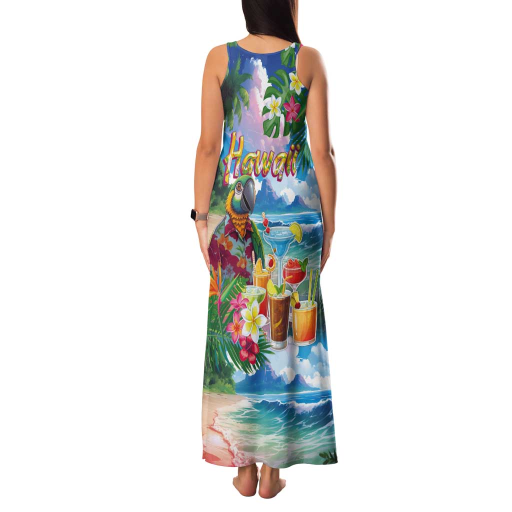 Hawaii Cocktails Tank Maxi Dress Parrot with Cute Beach Landscape and Tropical Plants