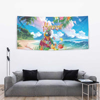 Hawaii Cocktails Tapestry Parrot with Cute Beach Landscape and Tropical Plants