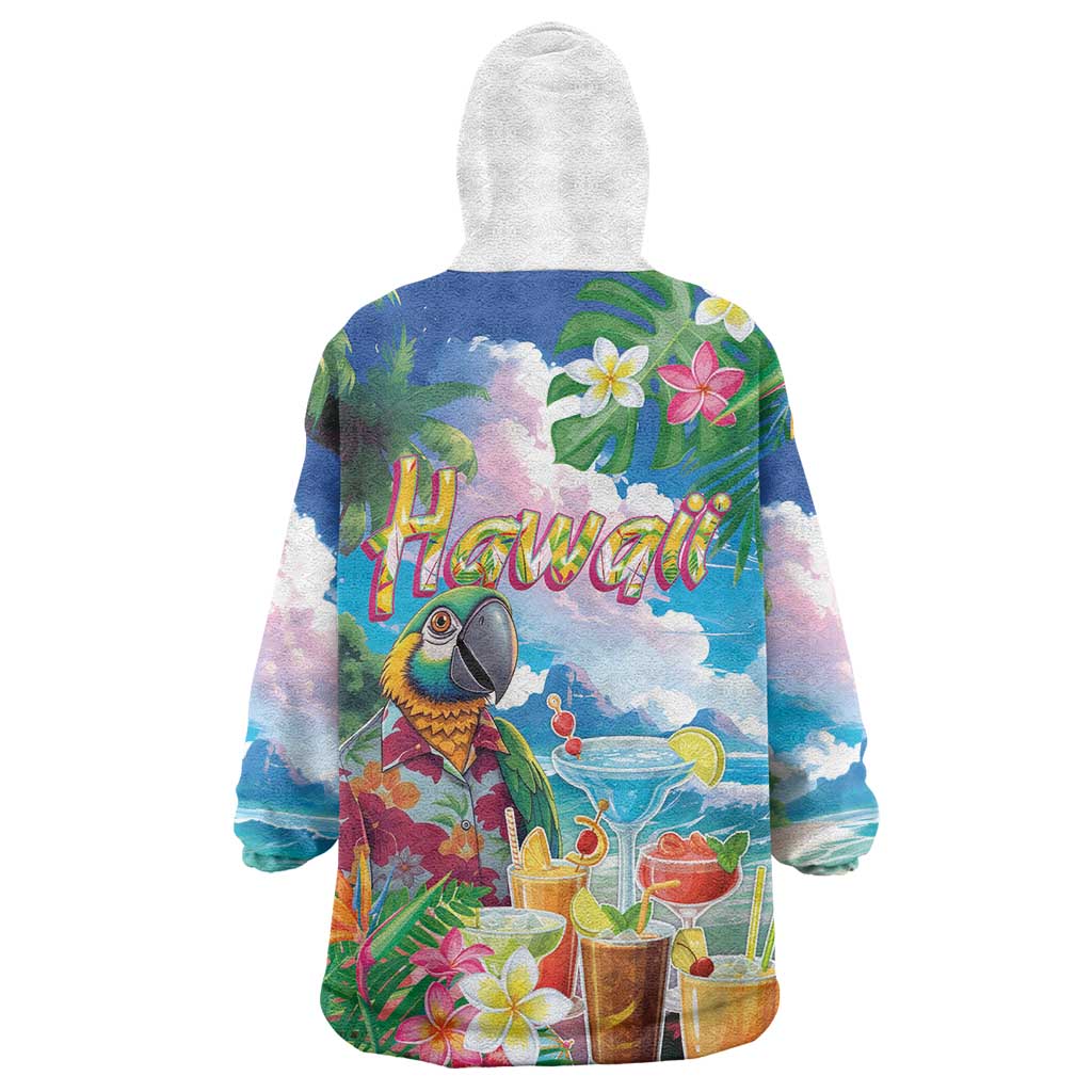 Hawaii Cocktails Wearable Blanket Hoodie Parrot with Cute Beach Landscape and Tropical Plants