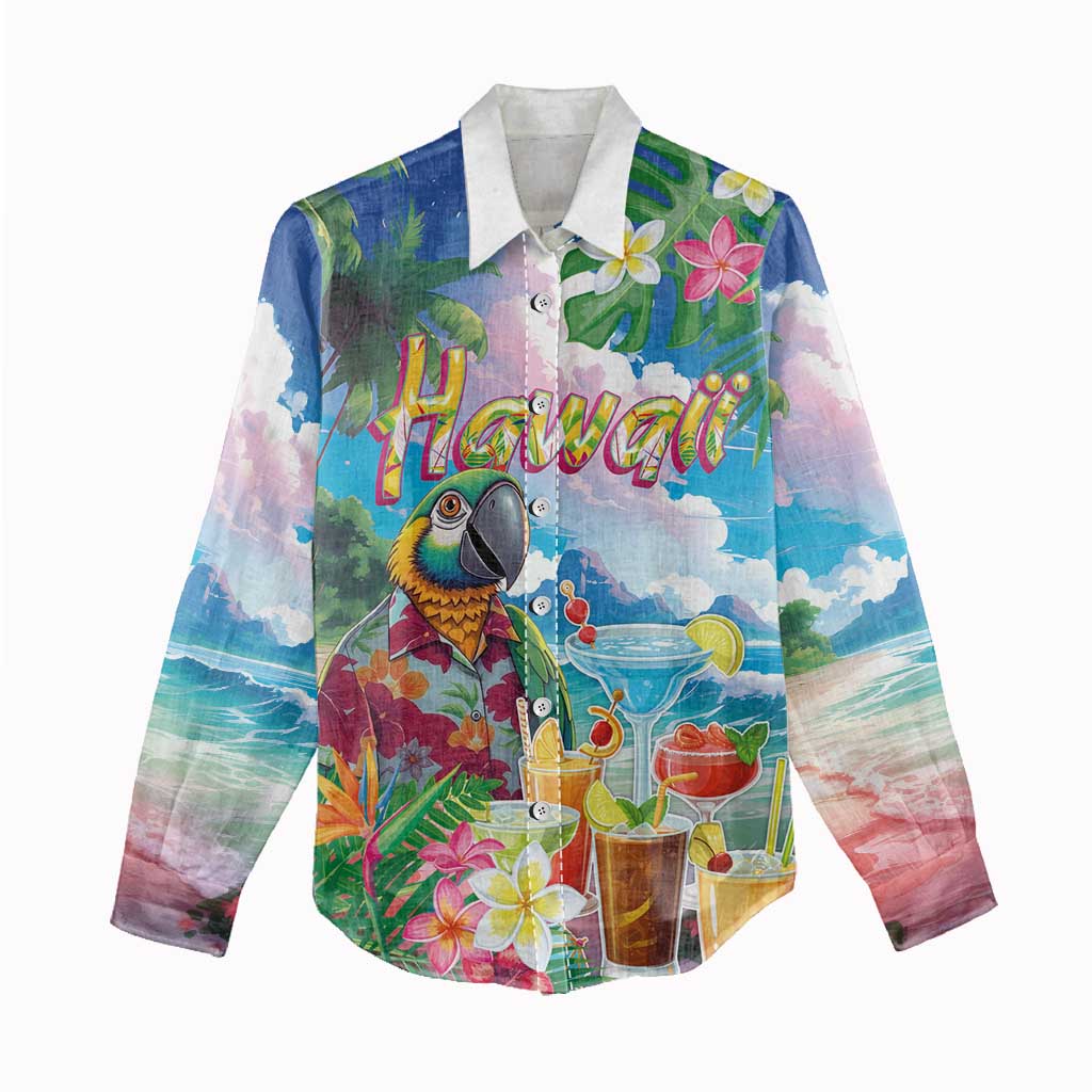 Hawaii Cocktails Women Casual Shirt Parrot with Cute Beach Landscape and Tropical Plants