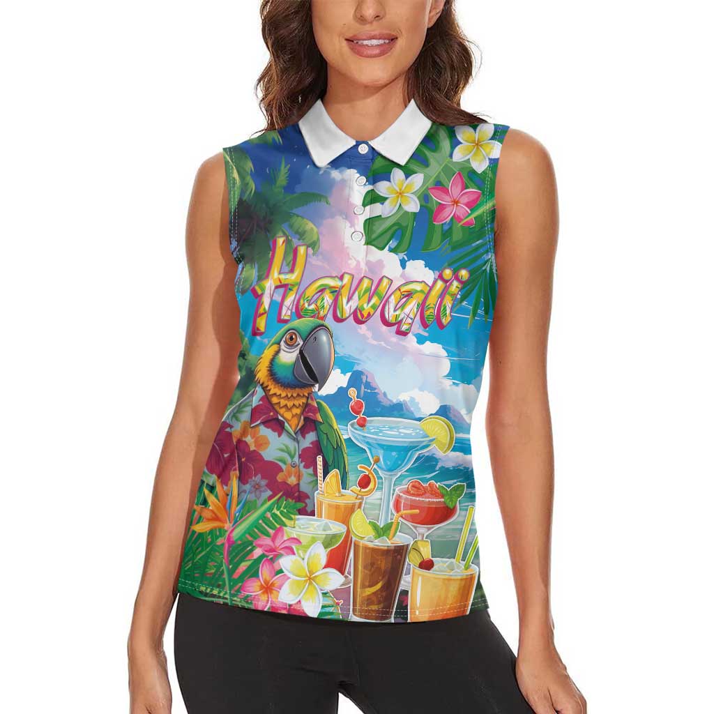 Hawaii Cocktails Women Sleeveless Polo Shirt Parrot with Cute Beach Landscape and Tropical Plants