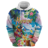 Hawaii Cocktails Zip Hoodie Parrot with Cute Beach Landscape and Tropical Plants