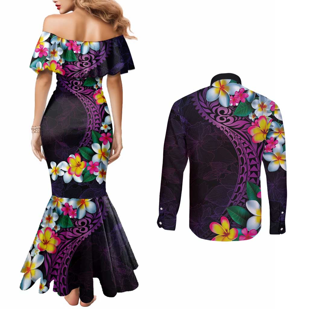 Hawaiian Plumeria-Polynesian Art Tattoo Mauve Color Couples Matching Mermaid Dress and Long Sleeve Button Shirt