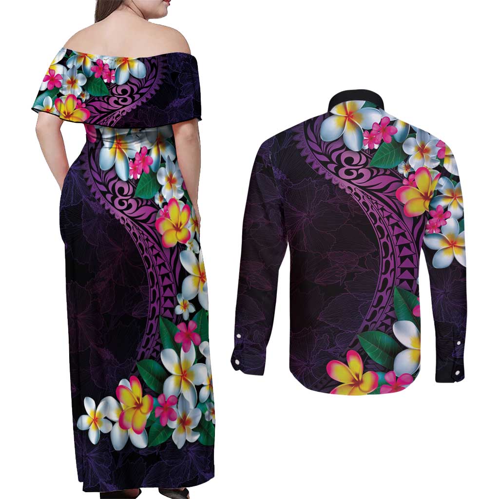 Hawaiian Plumeria-Polynesian Art Tattoo Mauve Color Couples Matching Off Shoulder Maxi Dress and Long Sleeve Button Shirt
