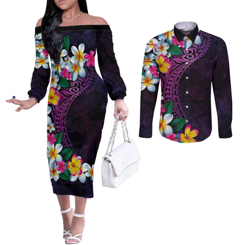 Hawaiian Plumeria-Polynesian Art Tattoo Mauve Color Couples Matching Off The Shoulder Long Sleeve Dress and Long Sleeve Button Shirt