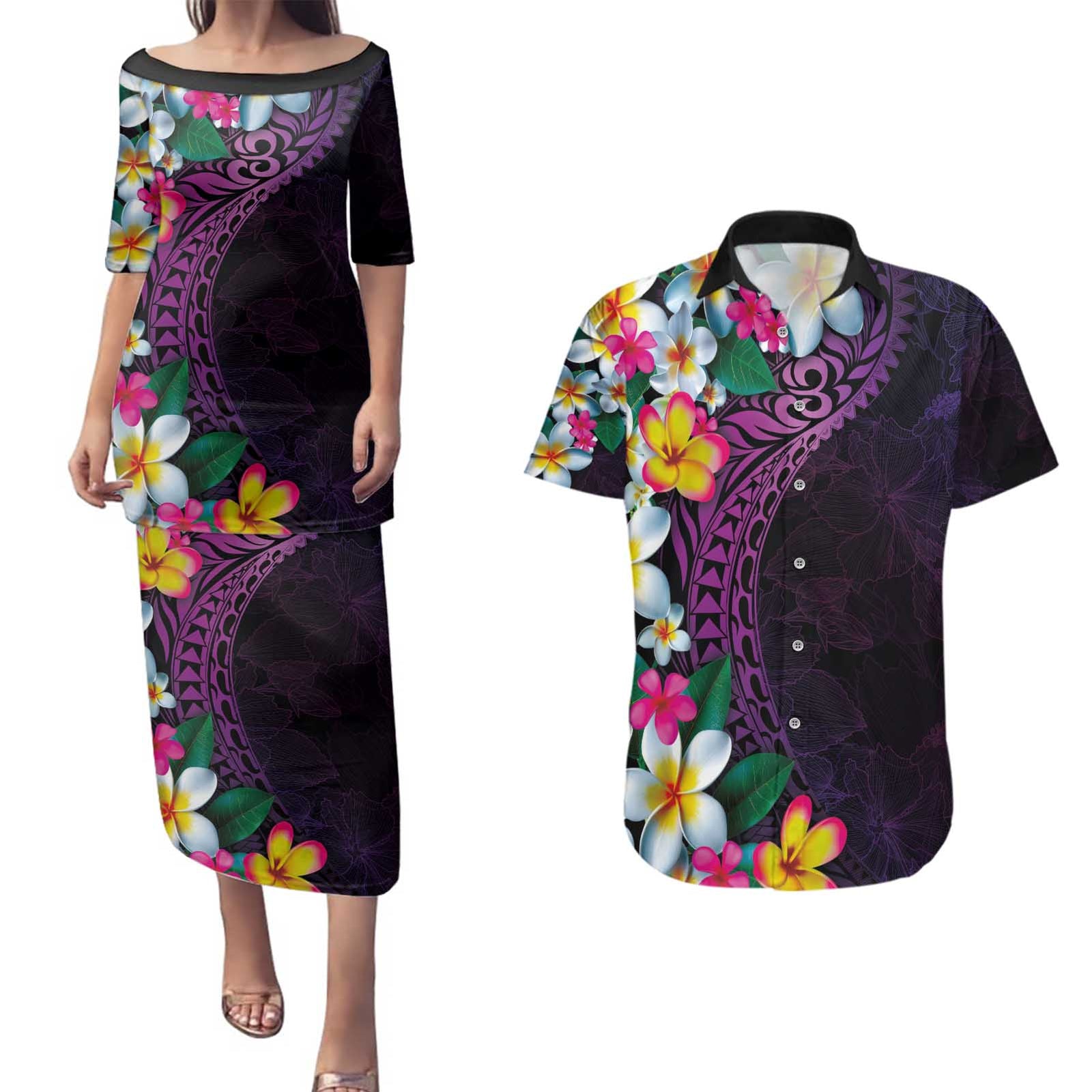 Hawaiian Plumeria-Polynesian Art Tattoo Mauve Color Couples Matching Puletasi and Hawaiian Shirt