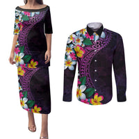 Hawaiian Plumeria-Polynesian Art Tattoo Mauve Color Couples Matching Puletasi and Long Sleeve Button Shirt