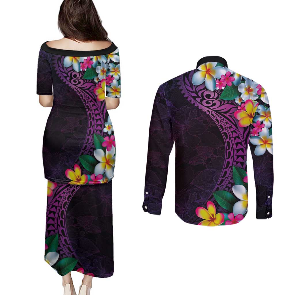 Hawaiian Plumeria-Polynesian Art Tattoo Mauve Color Couples Matching Puletasi and Long Sleeve Button Shirt