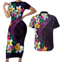 Hawaiian Plumeria-Polynesian Art Tattoo Mauve Color Couples Matching Short Sleeve Bodycon Dress and Hawaiian Shirt