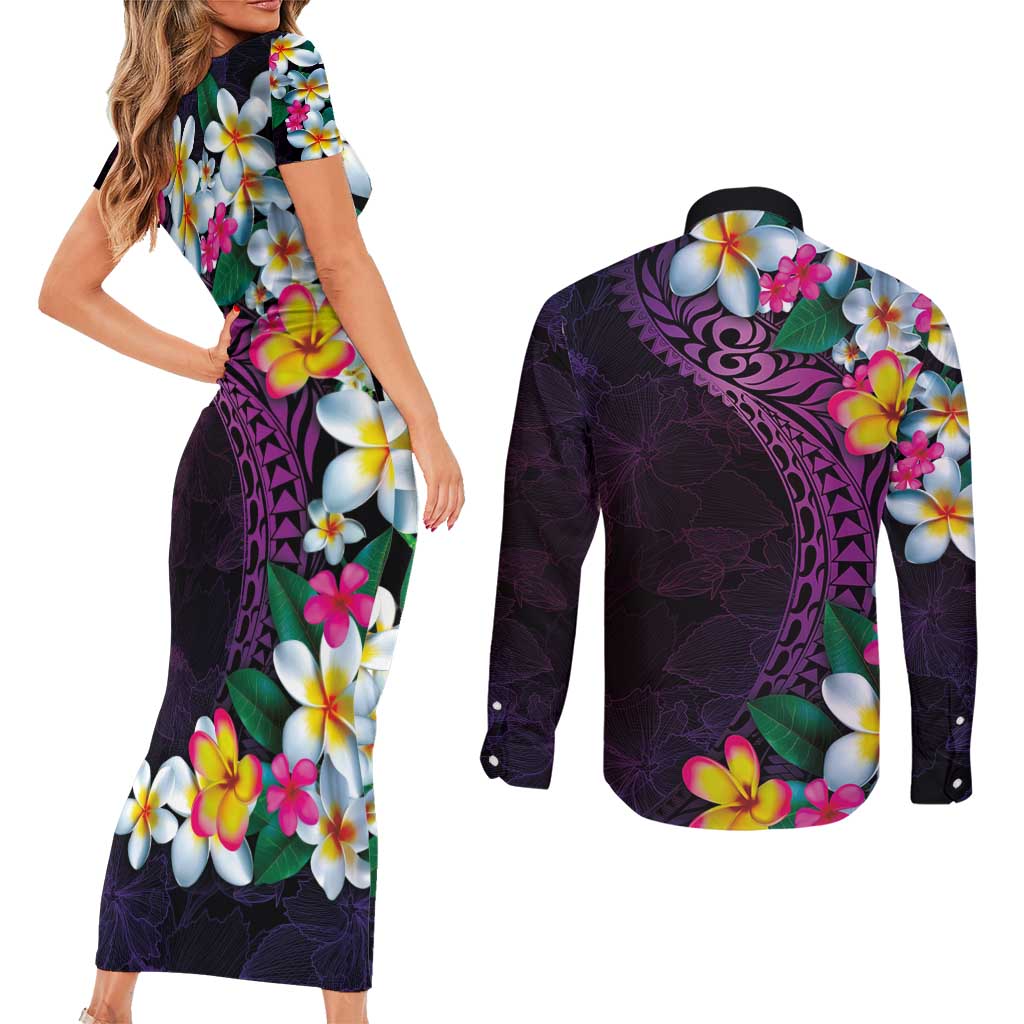 Hawaiian Plumeria-Polynesian Art Tattoo Mauve Color Couples Matching Short Sleeve Bodycon Dress and Long Sleeve Button Shirt
