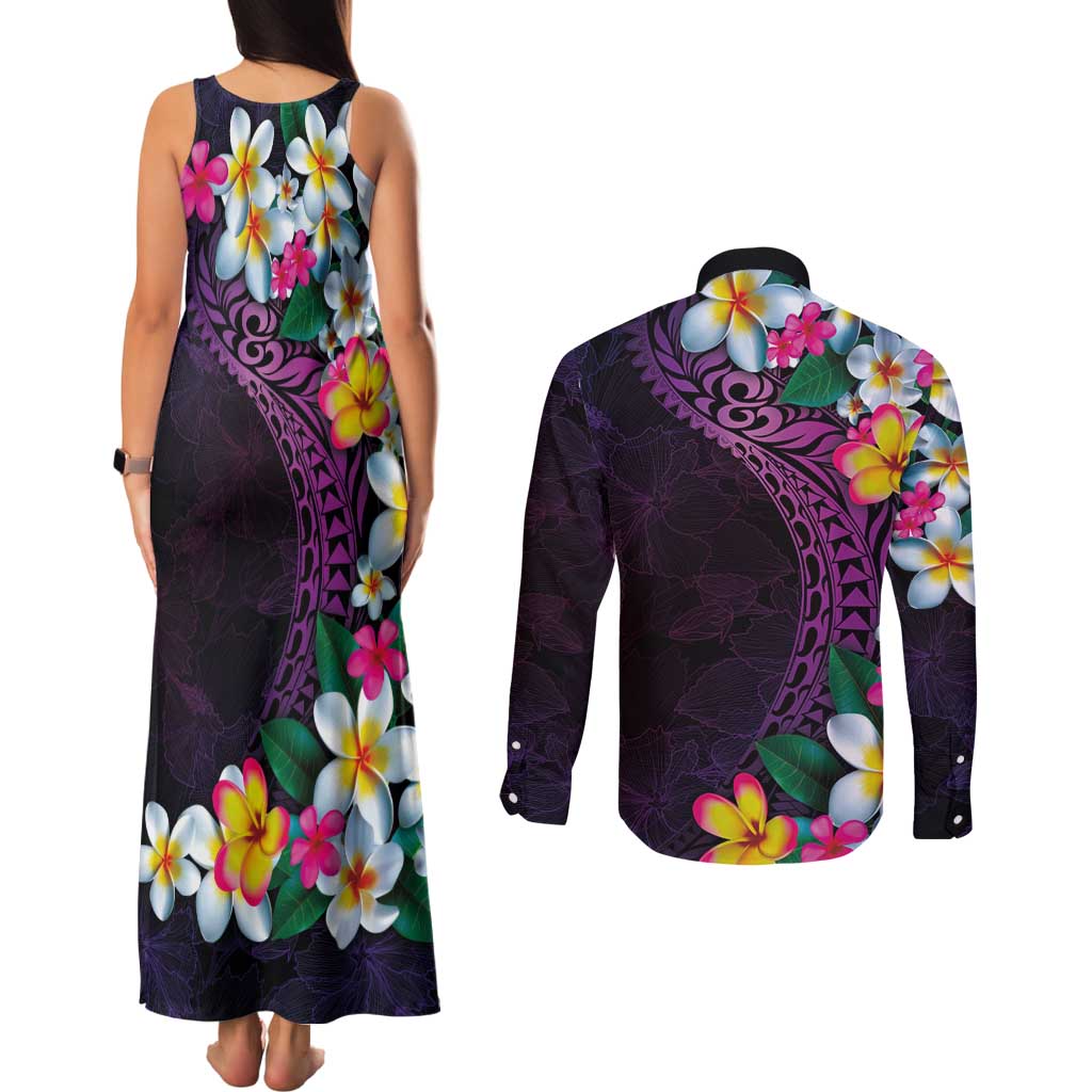 Hawaiian Plumeria-Polynesian Art Tattoo Mauve Color Couples Matching Tank Maxi Dress and Long Sleeve Button Shirt