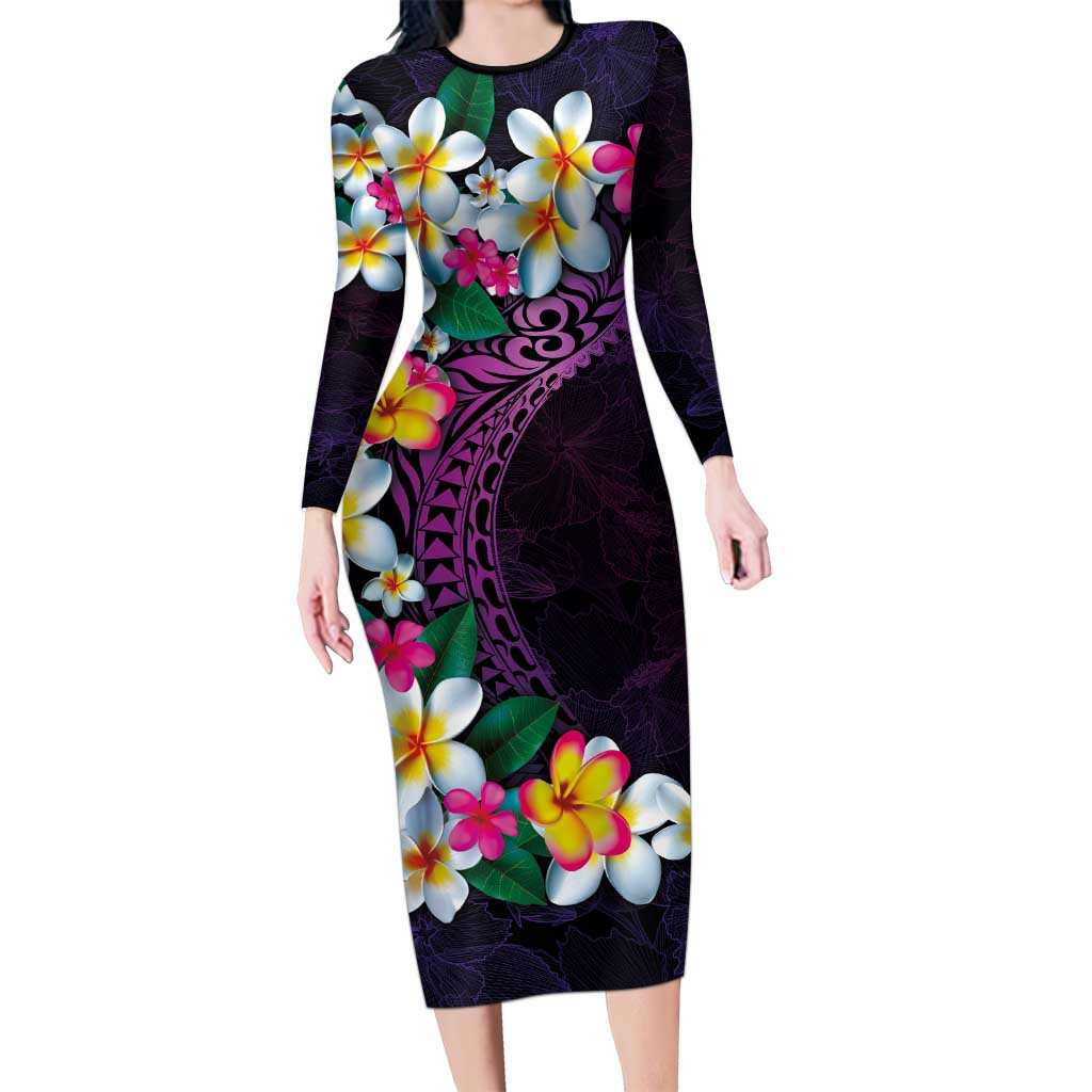 Hawaiian Plumeria-Polynesian Art Tattoo Mauve Color Family Matching Long Sleeve Bodycon Dress and Hawaiian Shirt LT03 Mom's Dress Purple - Polynesian Pride
