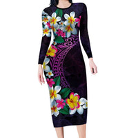Hawaiian Plumeria-Polynesian Art Tattoo Mauve Color Family Matching Long Sleeve Bodycon Dress and Hawaiian Shirt LT03 Mom's Dress Purple - Polynesian Pride
