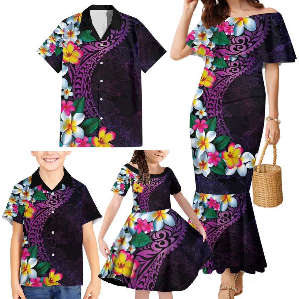 Hawaiian Plumeria-Polynesian Art Tattoo Mauve Color Family Matching Mermaid Dress and Hawaiian Shirt