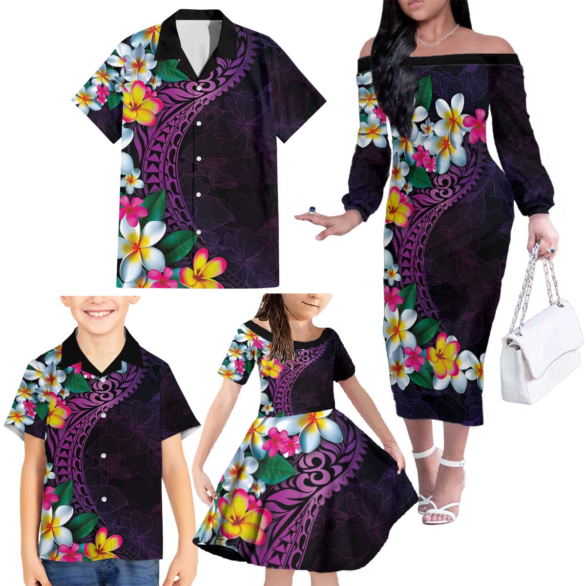 Hawaiian Plumeria-Polynesian Art Tattoo Mauve Color Family Matching Off The Shoulder Long Sleeve Dress and Hawaiian Shirt