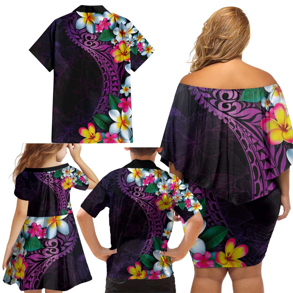 Hawaiian Plumeria-Polynesian Art Tattoo Mauve Color Family Matching Off Shoulder Short Dress and Hawaiian Shirt