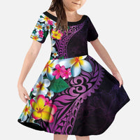 Hawaiian Plumeria-Polynesian Art Tattoo Mauve Color Family Matching Short Sleeve Bodycon Dress and Hawaiian Shirt LT03 Daughter's Dress Purple - Polynesian Pride