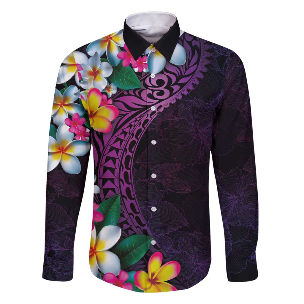 Hawaiian Plumeria-Polynesian Art Tattoo Mauve Color Family Matching Short Sleeve Bodycon Dress and Hawaiian Shirt LT03 Dad's Shirt - Long Sleeve Purple - Polynesian Pride